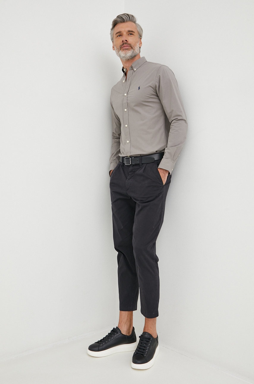 

Рубашка Polo Ralph Lauren мужская цвет серый slim воротник button-down