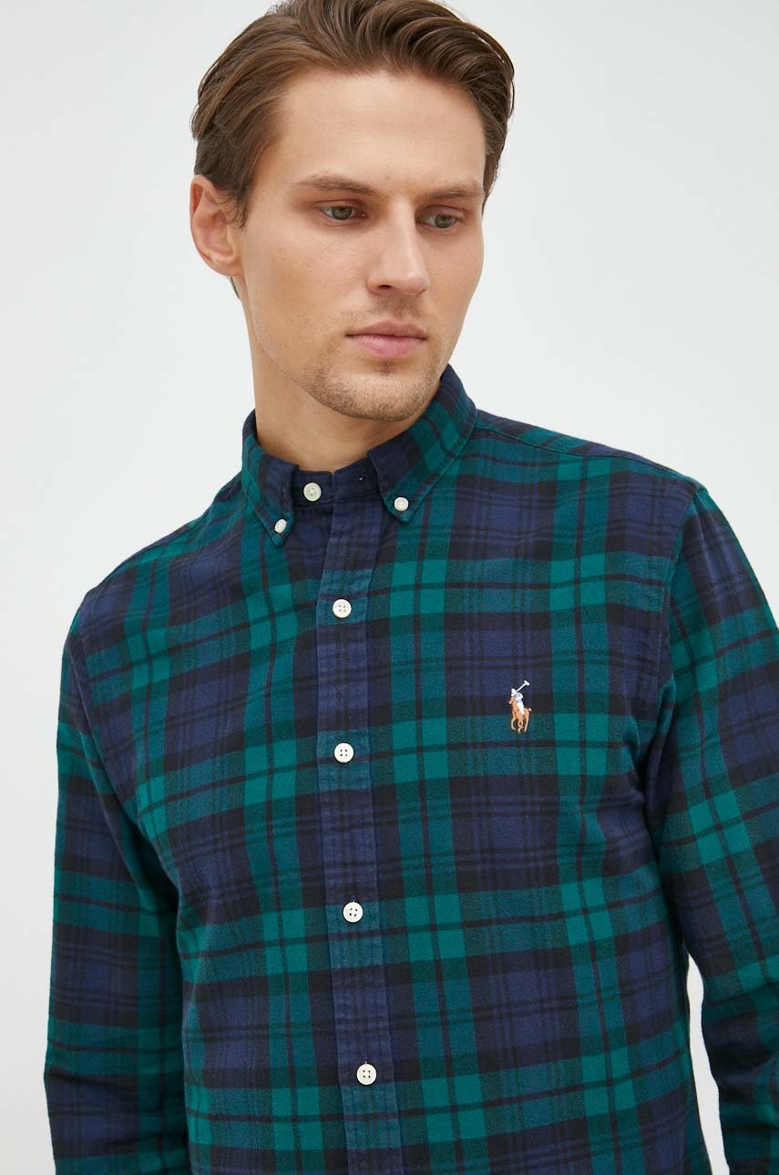 

Памучна риза Polo Ralph Lauren мъжка с кройка по тялото с яка с копче, Многоцветен
