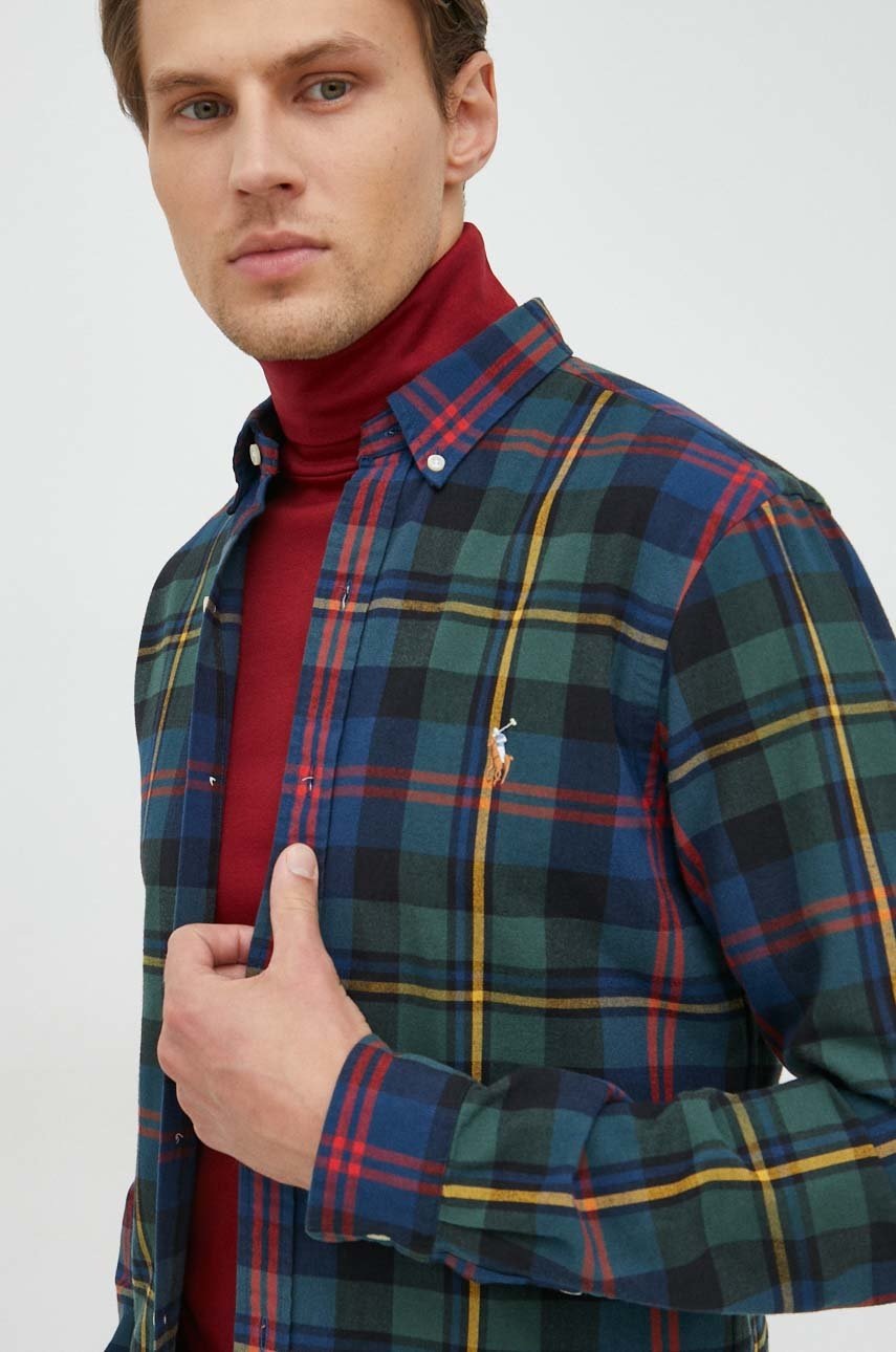 

Памучна риза Polo Ralph Lauren мъжка с кройка по тялото с яка с копче, Многоцветен
