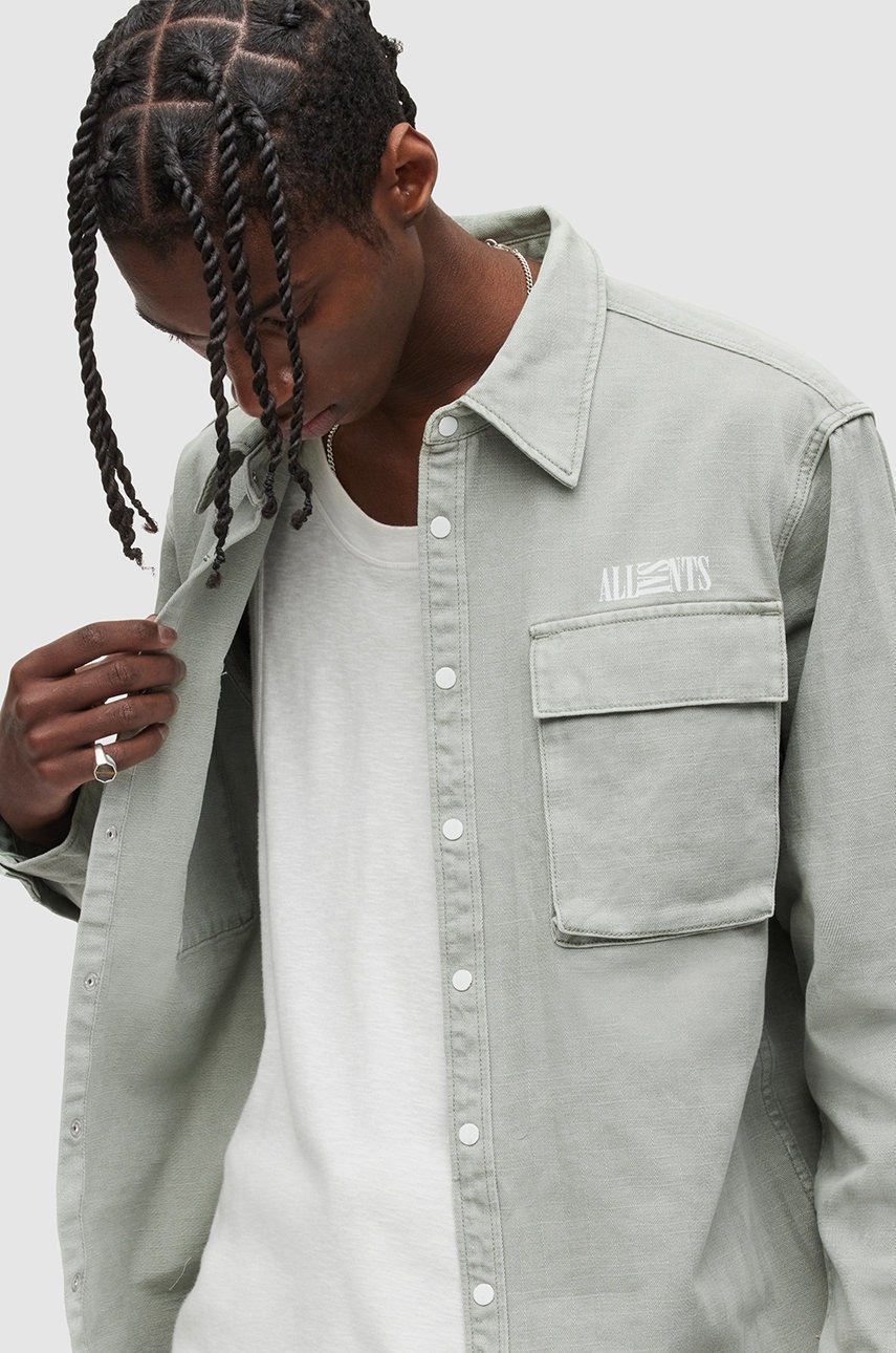 

Хлопковая рубашка AllSaints мужская цвет зелёный relaxed классический воротник