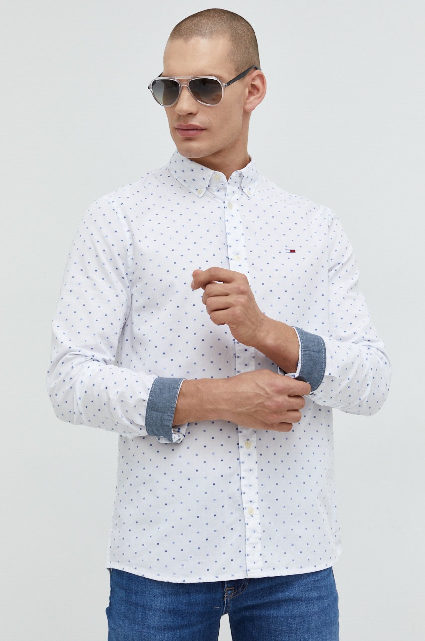 

Хлопковая рубашка Tommy Jeans мужская цвет белый regular воротник button-down