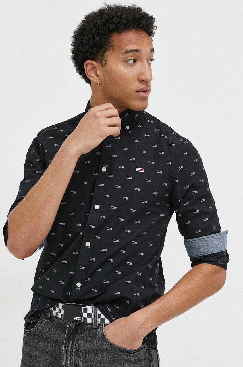 Tommy jeans camasa din bumbac barbati, culoarea negru, cu guler button-down, regular