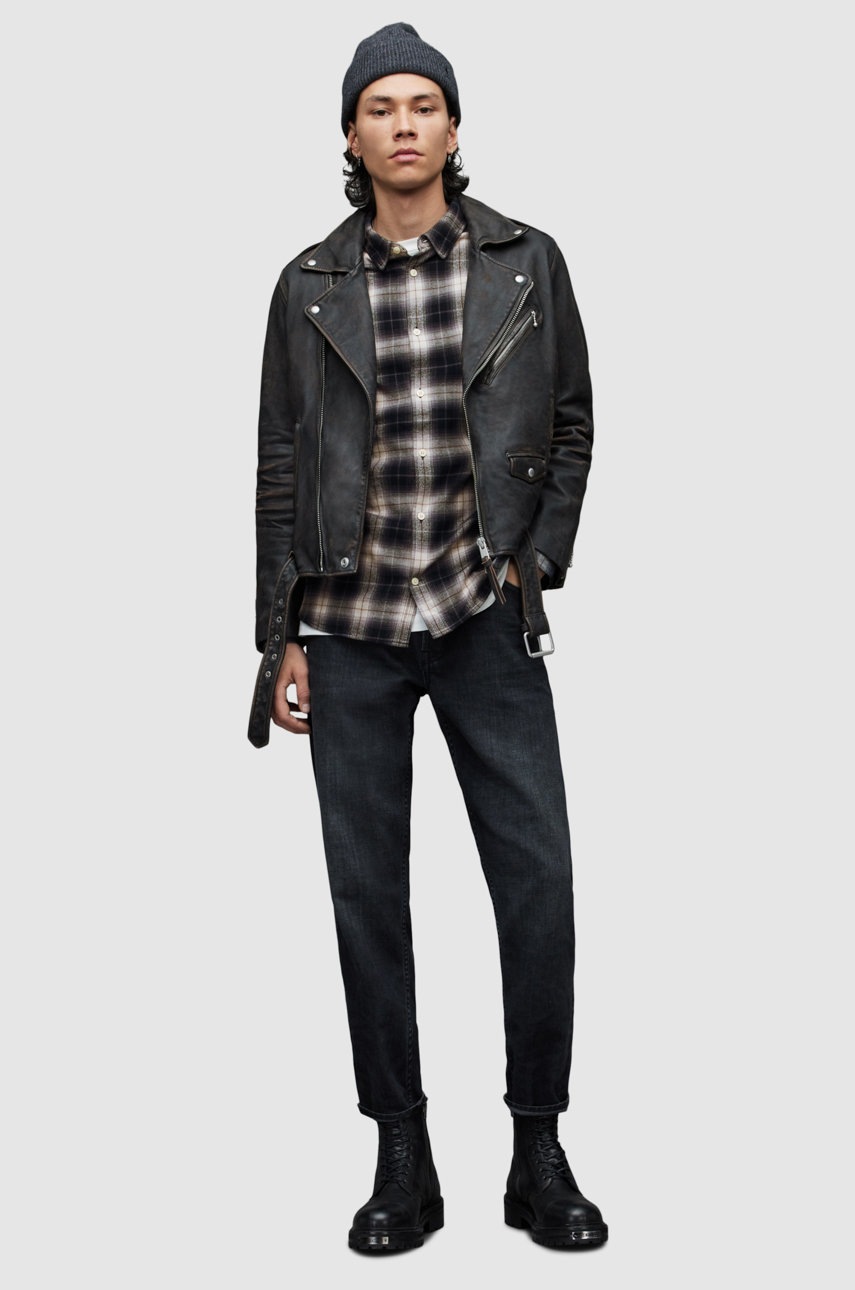 

Хлопковая рубашка AllSaints мужская цвет чёрный slim классический воротник