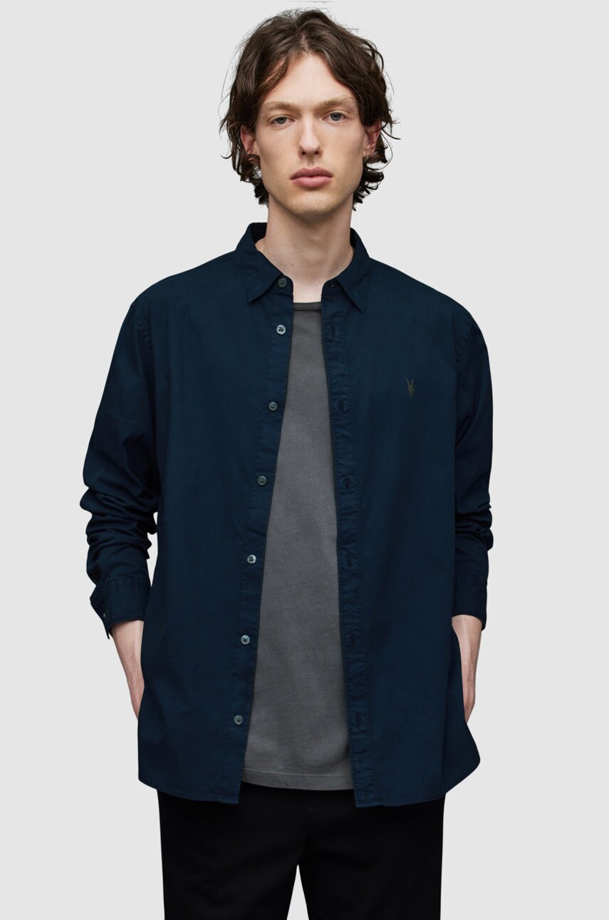 Allsaints camasa barbati, culoarea albastru marin, cu guler italian, regular