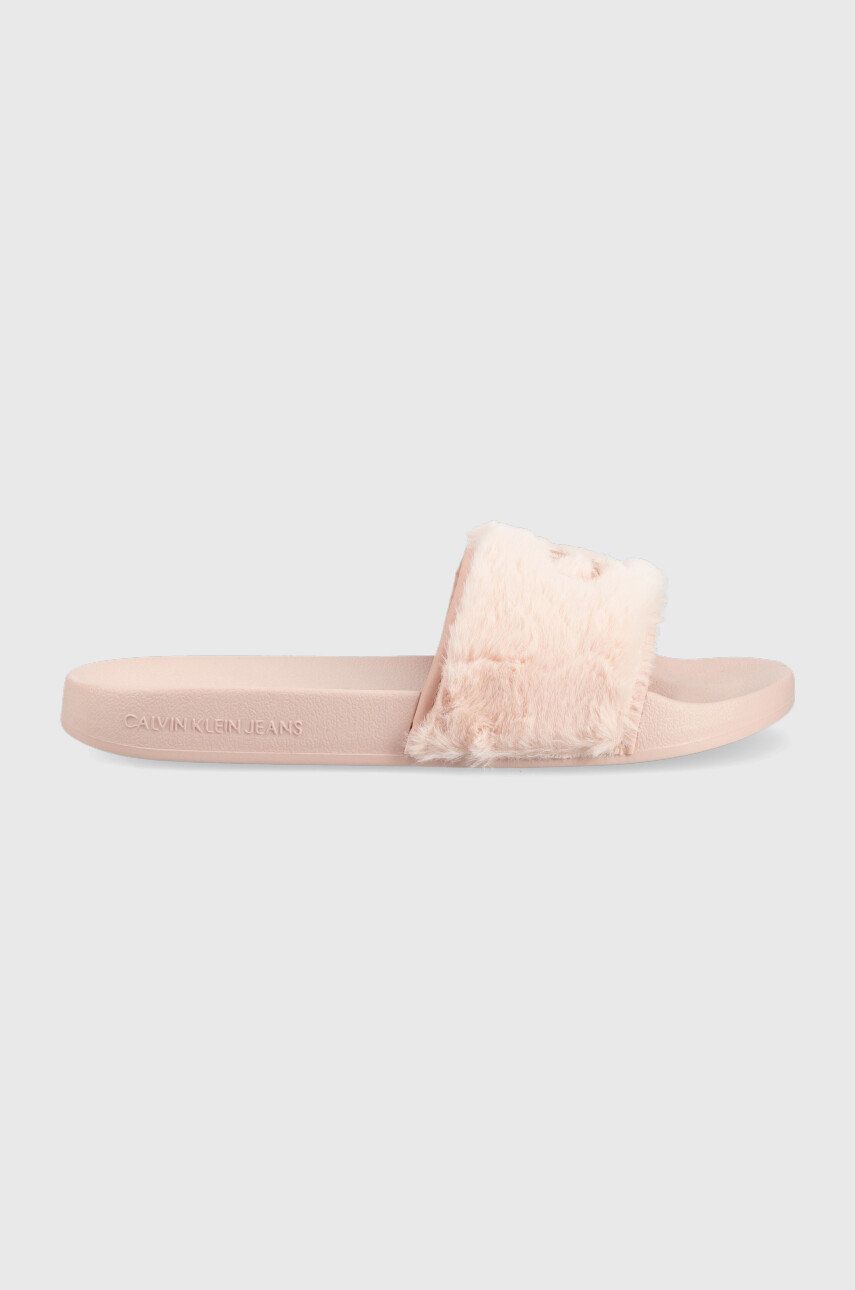 Calvin Klein Jeans klapki Slide Fur damskie kolor różowy