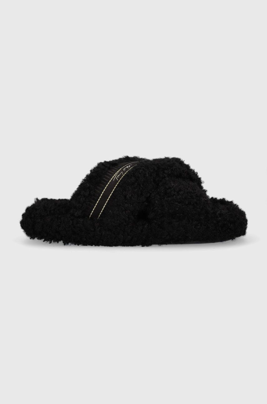 Pantofle Tommy Hilfiger Sherpa Fur Home Slippers Straps, černá barva - černá -  Svršek: Textiln