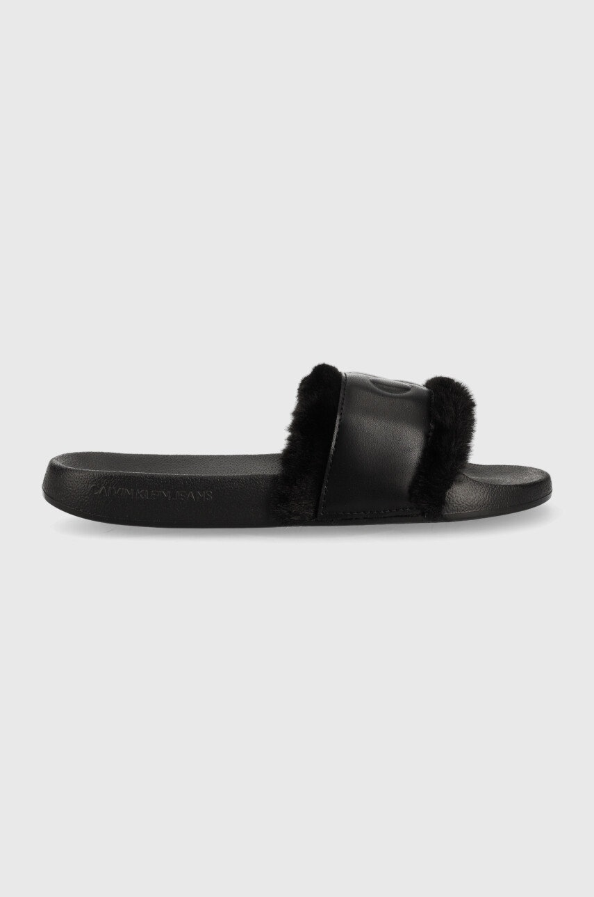 

Чехли Calvin Klein Jeans Slide W/fake Fur в черно, Черен