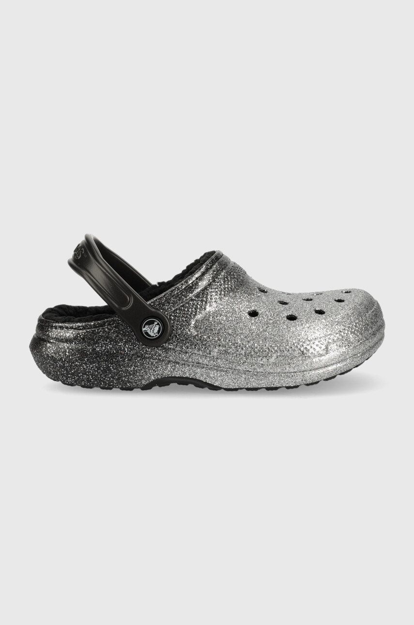 Crocs papuci Classic Glitter Lined Clog femei, culoarea argintiu answear.ro