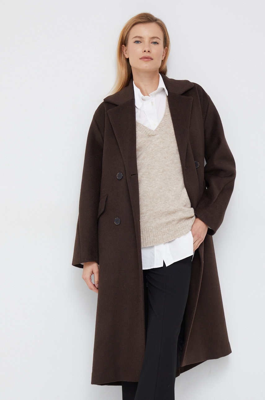 Selected femme palton de lana culoarea maro, de tranzitie, cu doua randuri de nasturi