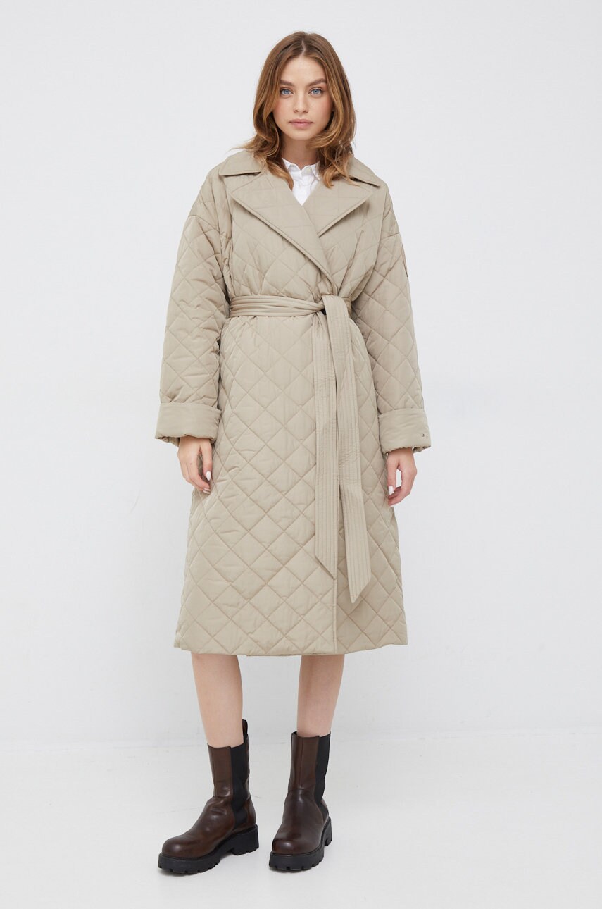Levně Bunda Tommy Hilfiger dámská, béžová barva, přechodná, oversize