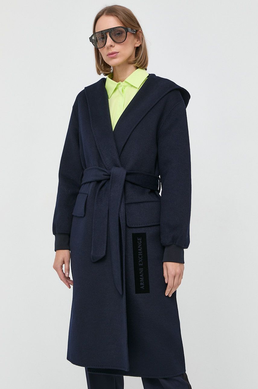 Armani Exchange palton de lana culoarea albastru marin, de tranzitie, desfacut albastru imagine noua