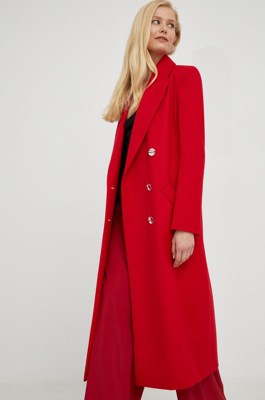 Patrizia Pepe płaszcz z domieszką wełny kolor czerwony przejściowy dwurzędowy