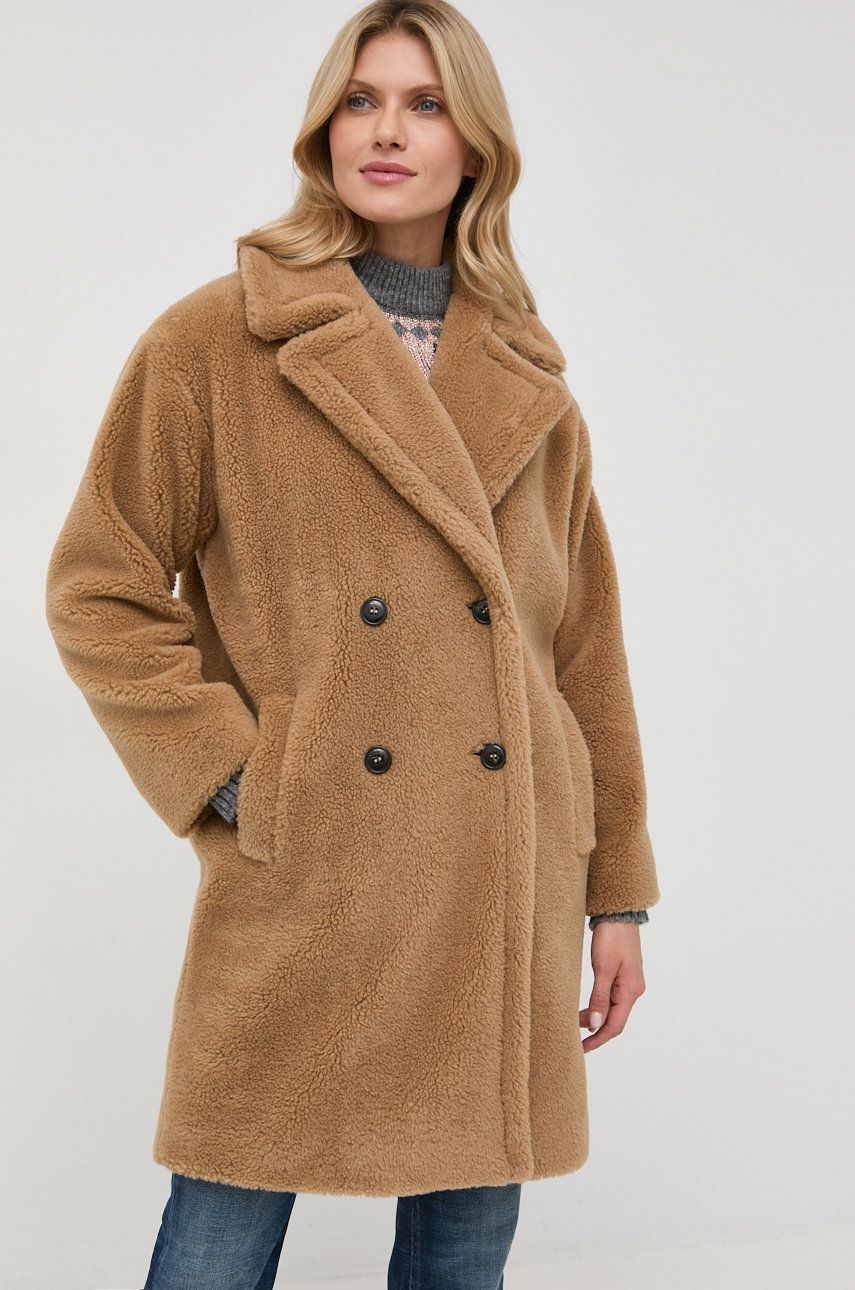 Marella palton din lana culoarea maro, de tranzitie, cu doua randuri de nasturi