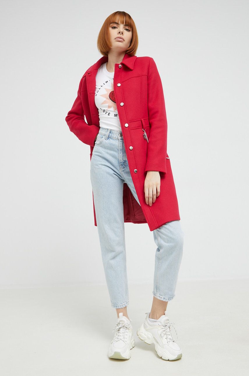 Love Moschino płaszcz wełniany kolor czerwony przejściowy
