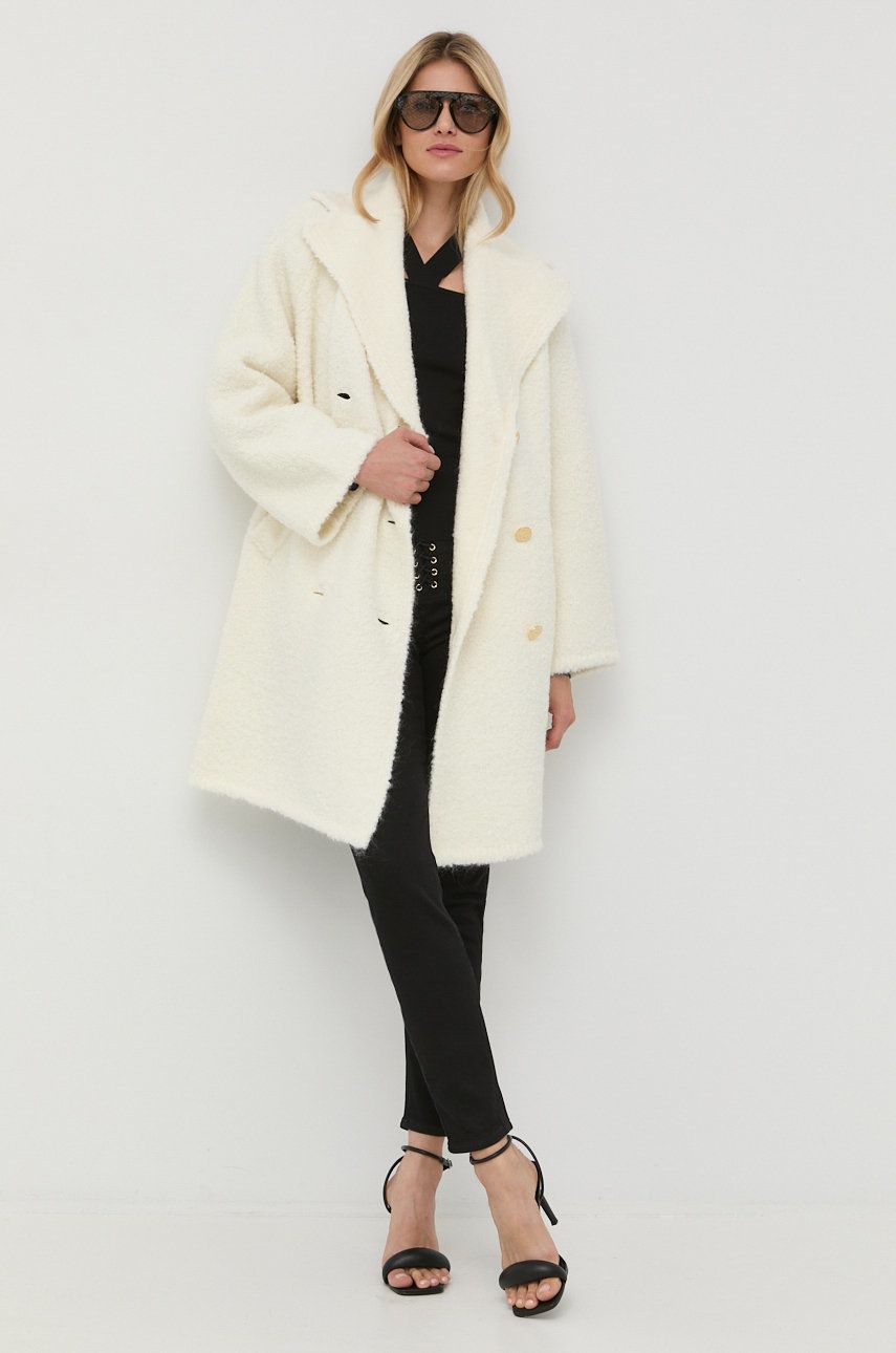 Elisabetta Franchi palton din lana culoarea bej, de tranzitie, cu doua randuri de nasturi answear.ro