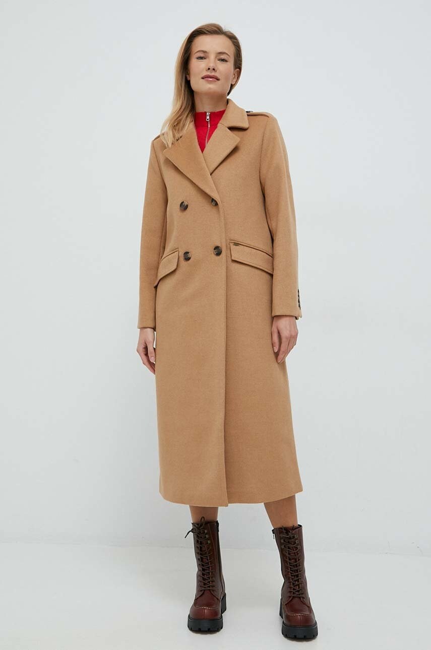 Pepe jeans palton de lana alice culoarea bej, de tranzitie, cu doua randuri de nasturi