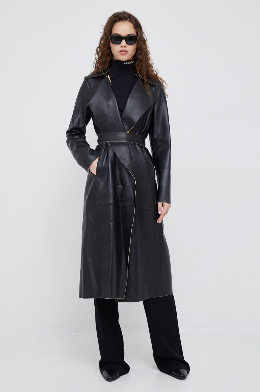 Calvin Klein płaszcz skórzany damski kolor czarny przejściowy niezapinany