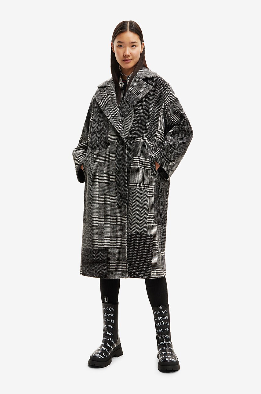 Desigual palton femei, culoarea gri, de tranzitie