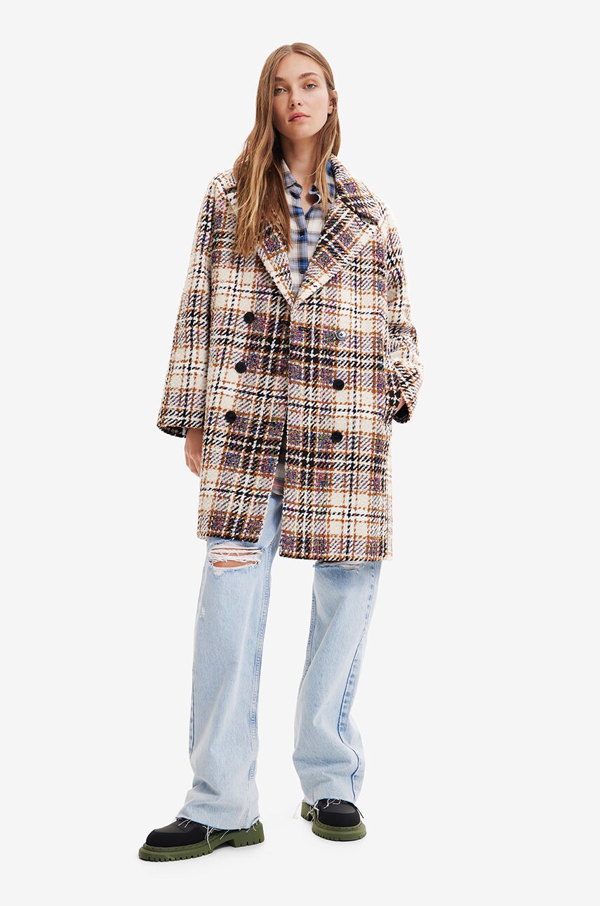 Desigual palton femei, culoarea bej, de tranzitie, oversize