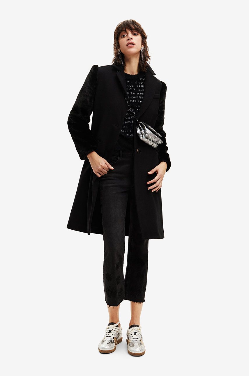 E-shop Vlněný kabát Desigual černá barva, přechodný