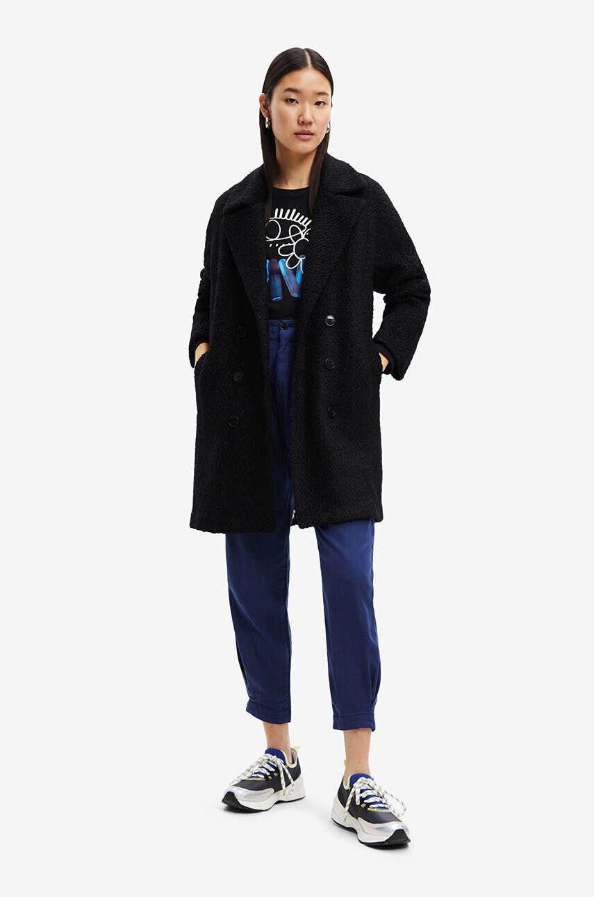 Desigual palton femei, culoarea negru, de tranzitie, cu doua randuri de nasturi