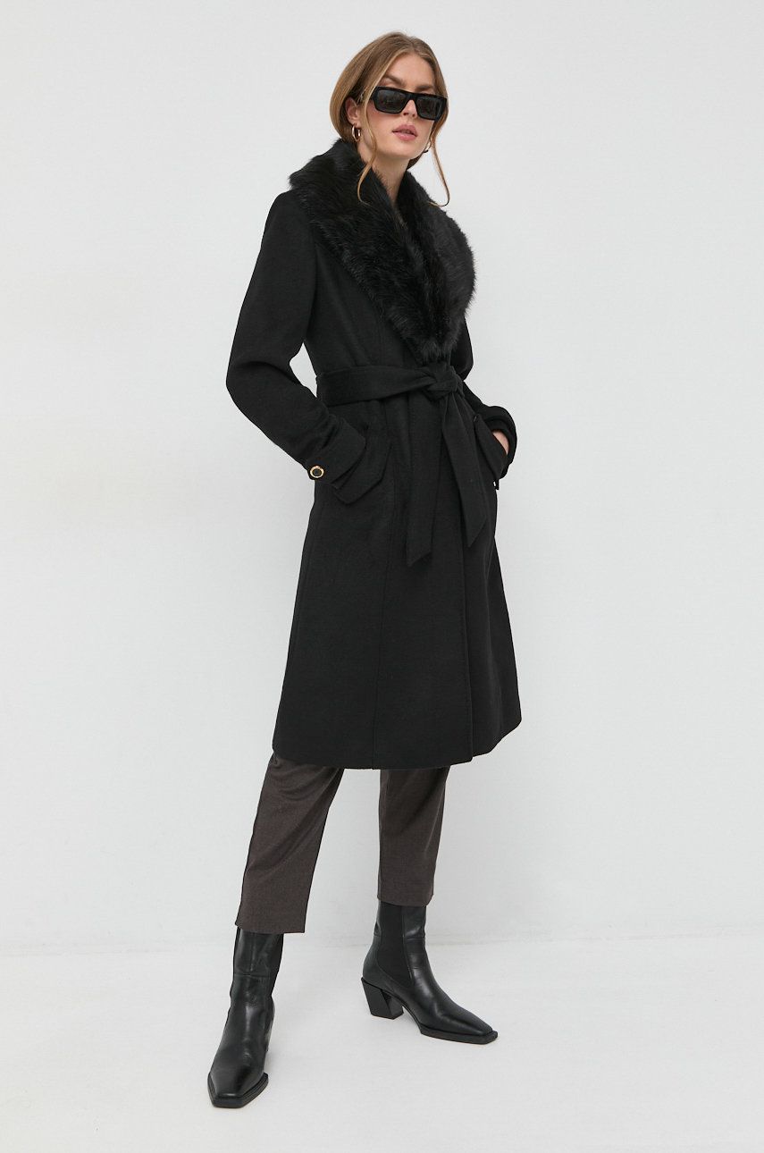 Marciano Guess płaszcz z domieszką wełny kolor czarny przejściowy