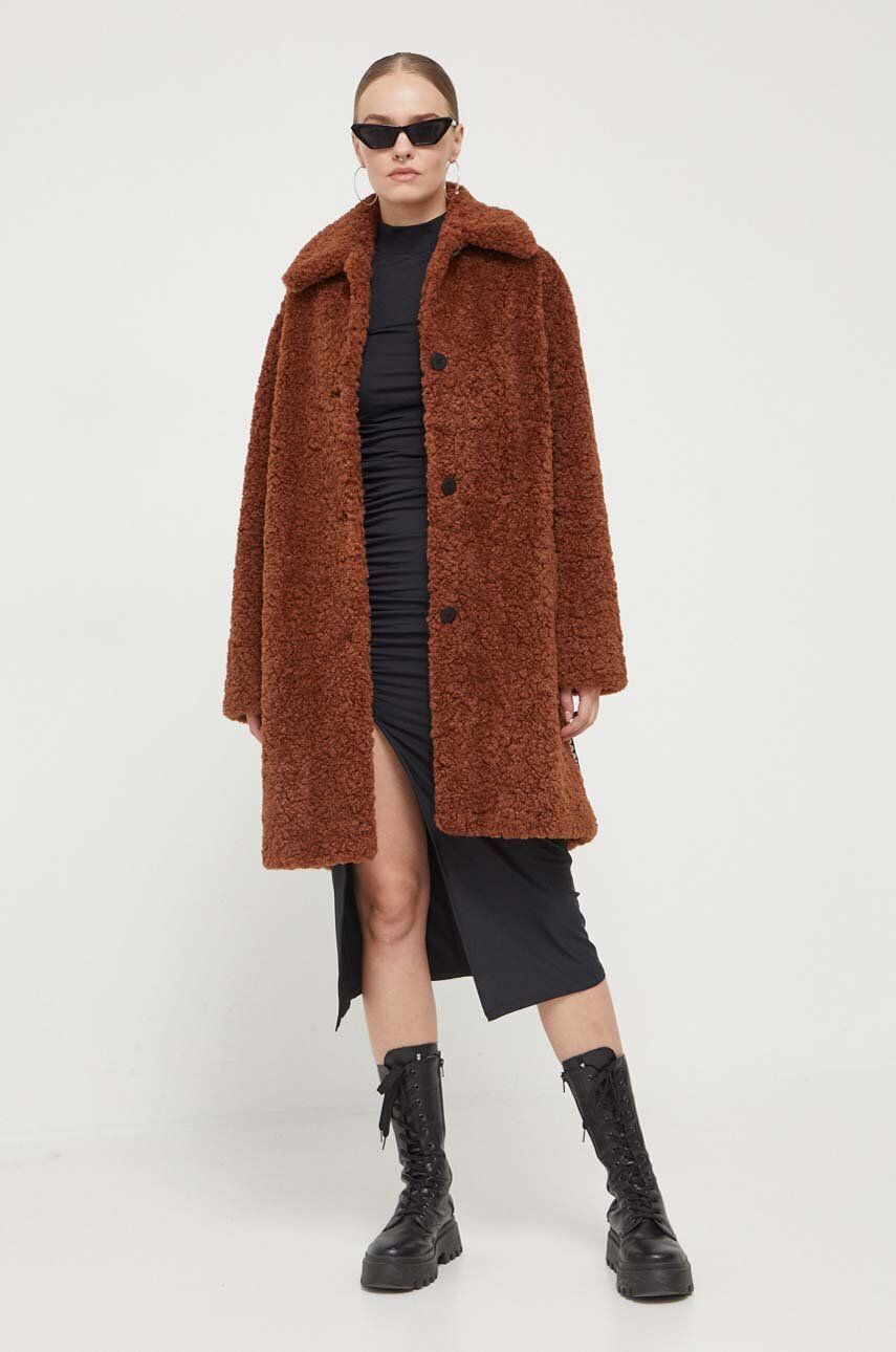 E-shop Kabát HUGO dámský, hnědá barva, přechodný