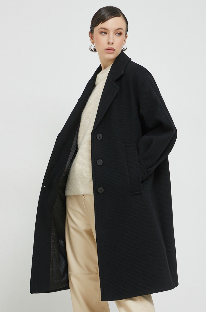 Hugo palton de lana culoarea negru, de tranzitie, oversize