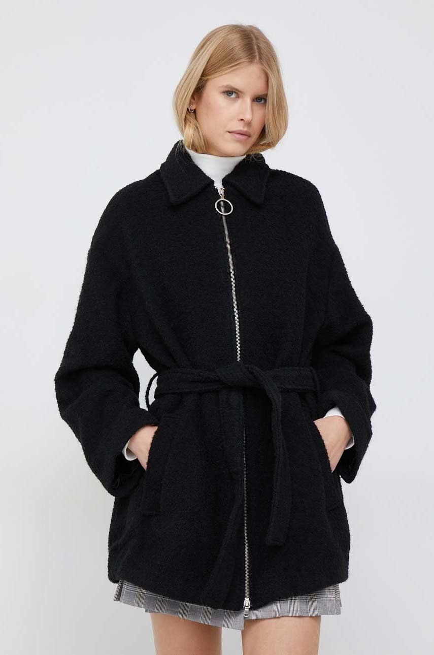 Kabát s příměsí vlny United Colors of Benetton černá barva, přechodný, oversize - černá -  Hlav