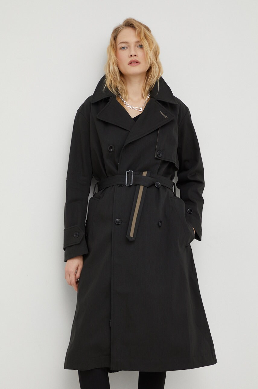 G-star raw palton femei, culoarea negru, de tranzitie, cu doua randuri de nasturi