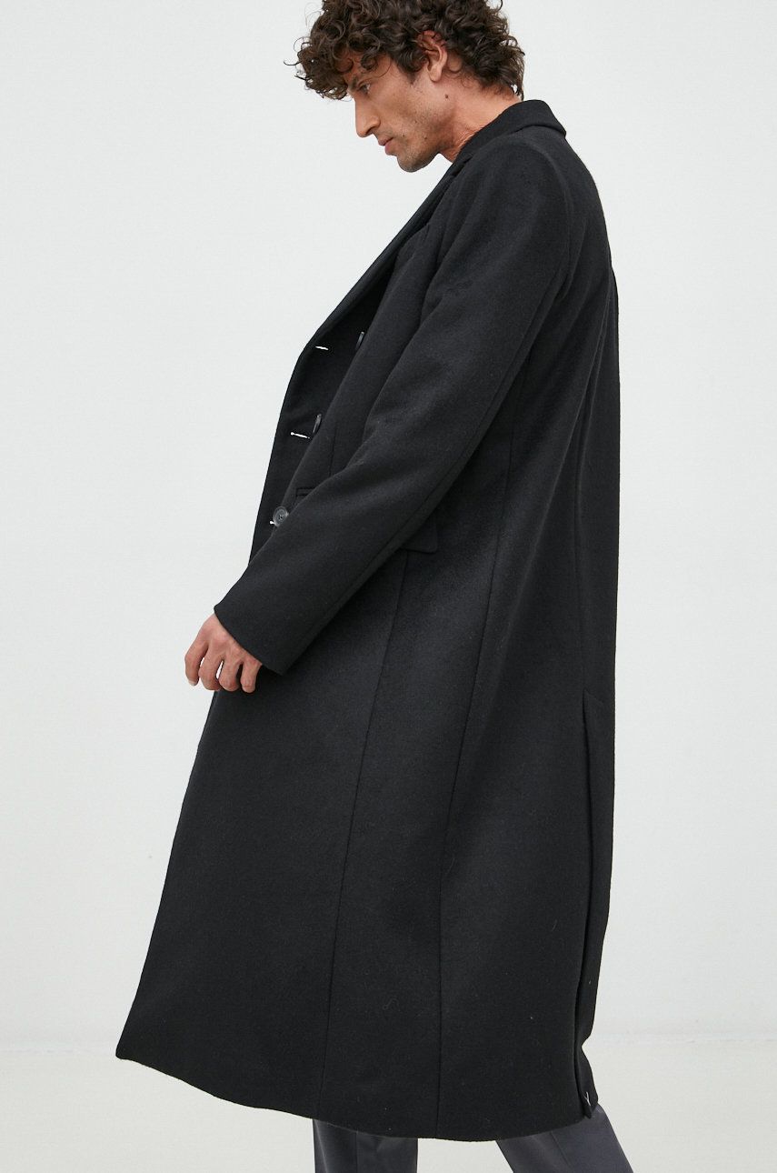 Trussardi palton de lana culoarea negru, de tranzitie, cu doua randuri de nasturi