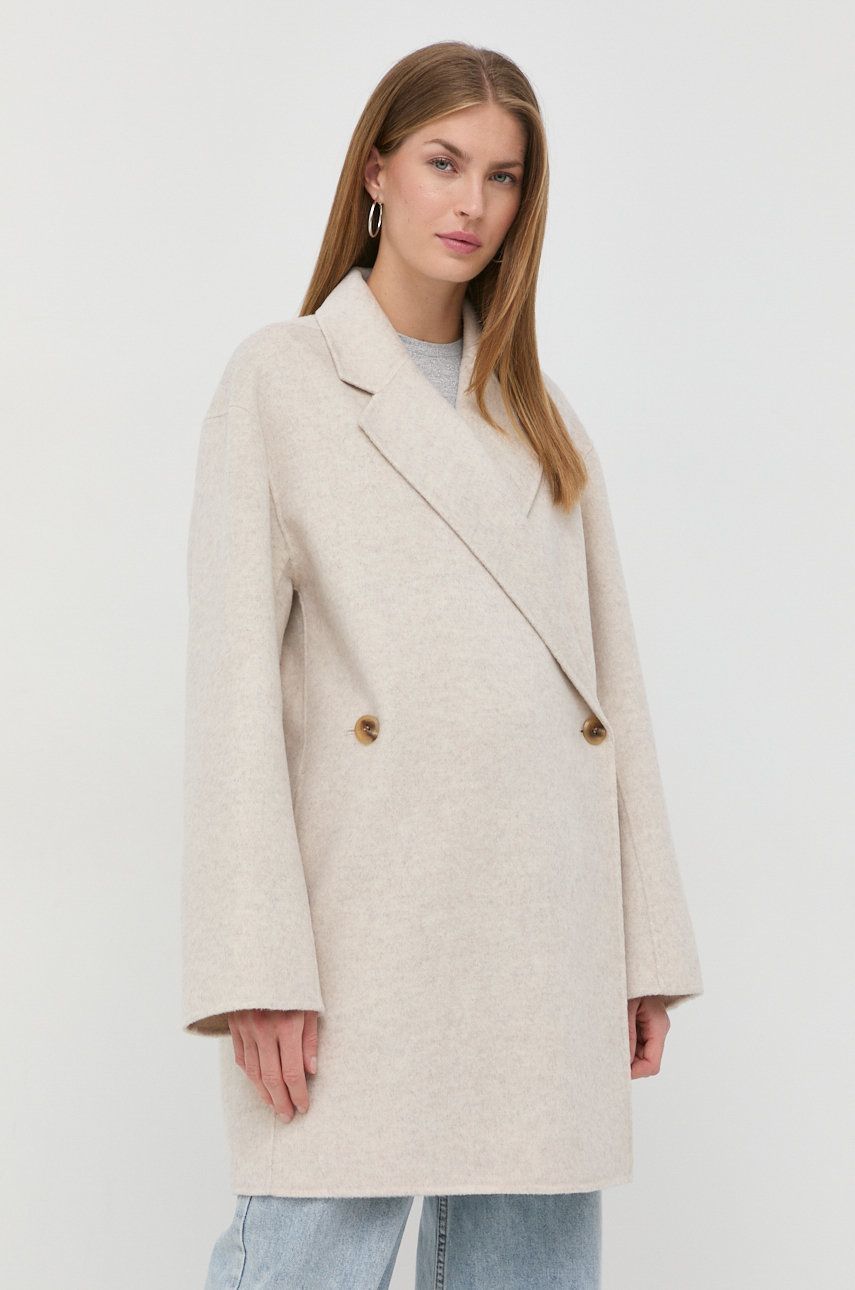 Vlněný kabát By Malene Birger béžová barva, přechodný, dvouřadový - béžová -  100% Vlna