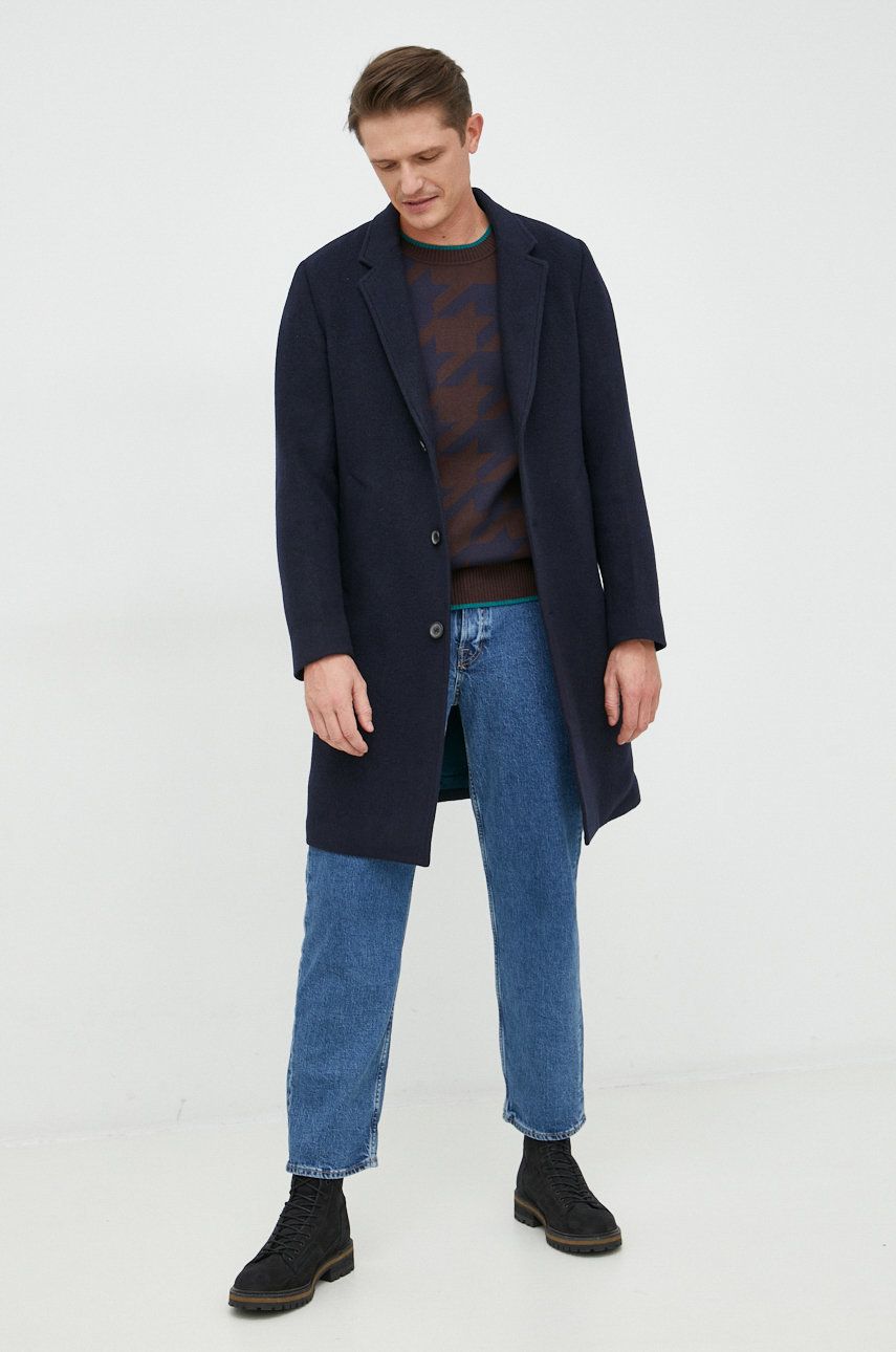 Kabát s příměsí vlny PS Paul Smith tmavomodrá barva, přechodný - námořnická modř -  Hlavní mate
