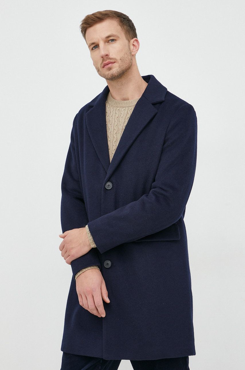 United Colors of Benetton palton de lana culoarea albastru marin, de tranzitie