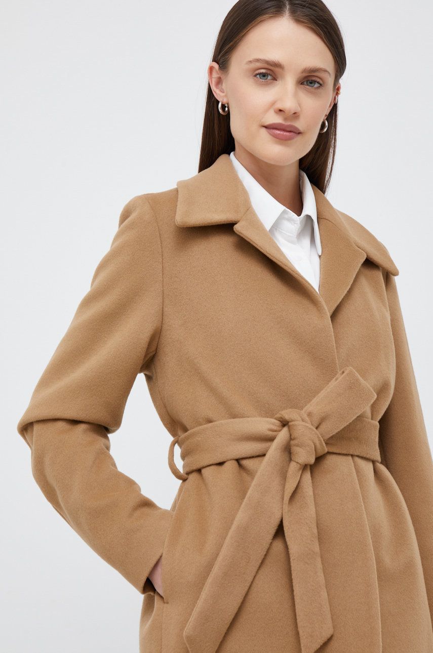 Vlněný kabát Calvin Klein hnědá barva, - hnědá -  Hlavní materiál: 80% Virgin vlna