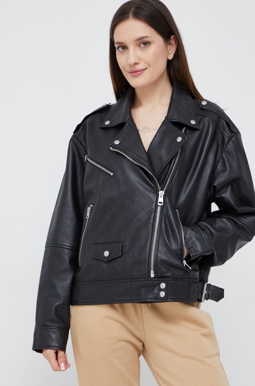 

Кожено яке Calvin Klein Jeans в черно с преходна изолация с уголемена кройка, Черен