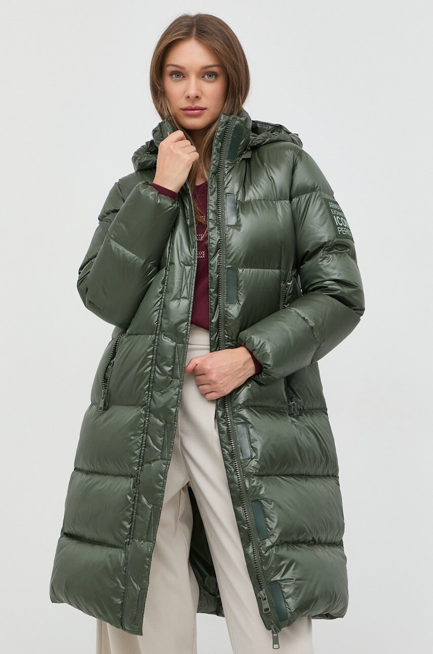 Armani Exchange geaca de puf femei, culoarea verde, de iarna