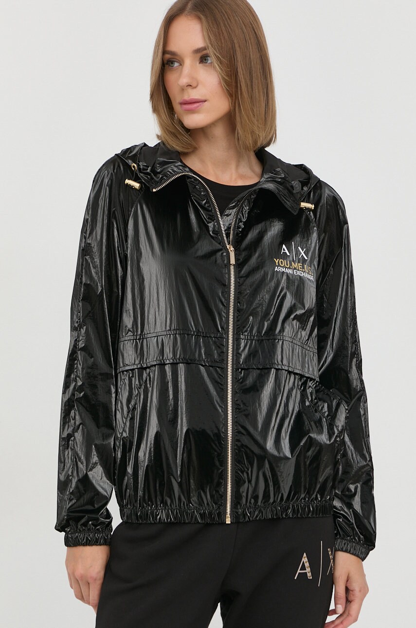 Armani Exchange geaca femei, culoarea negru, de tranzitie