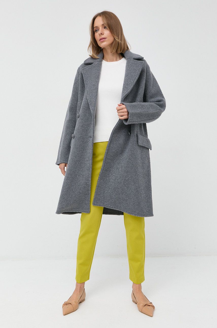 Emporio Armani palton de lana culoarea gri, de tranzitie, cu doua randuri de nasturi answear.ro