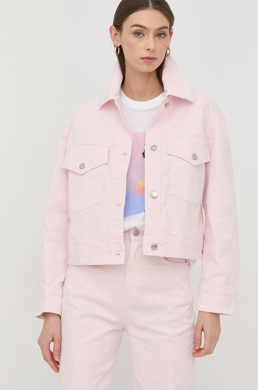 BOSS kurtka jeansowa damska kolor różowy przejściowa oversize