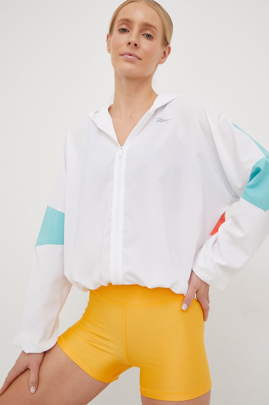 Reebok jachetă de alergare culoarea alb, de tranzitie, oversize