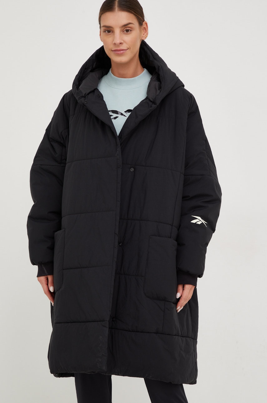 Reebok geaca femei, culoarea negru, de iarna, oversize