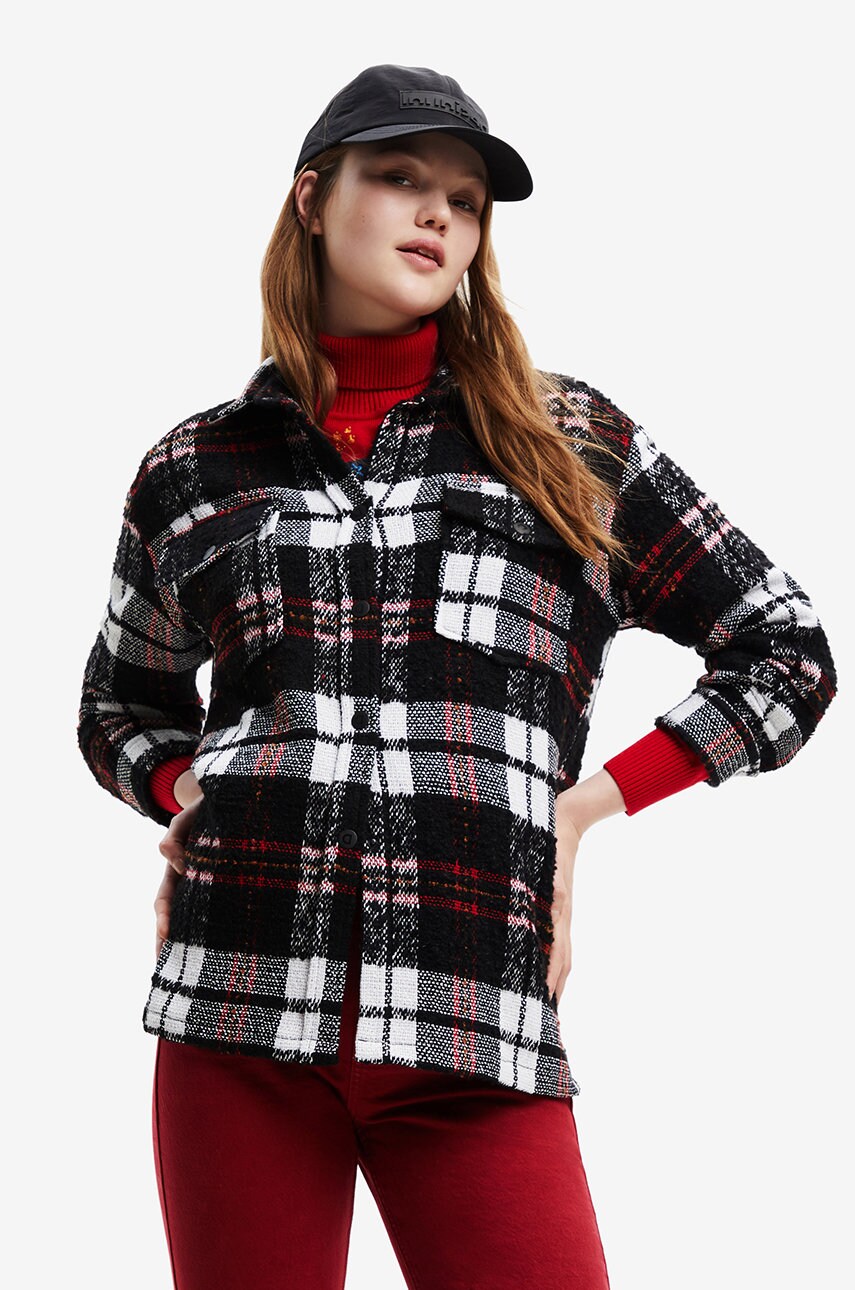 Desigual geaca din amestec de lana culoarea negru, de tranzitie, oversize