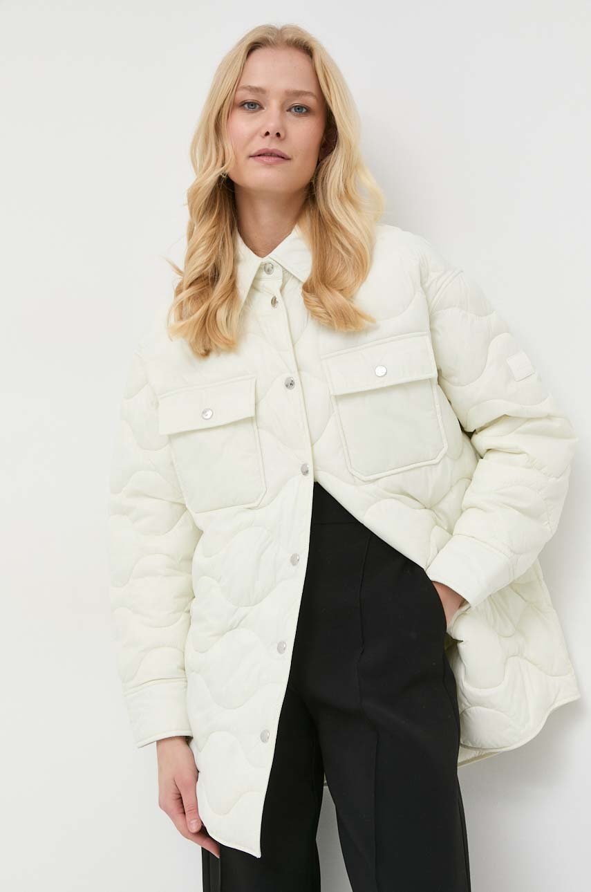 BOSS geaca femei, culoarea alb, de tranzitie, oversize