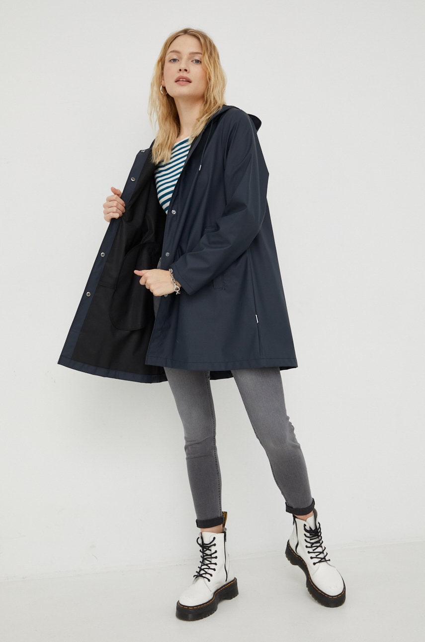 Rains geaca 18340 A-line Jacket femei, culoarea albastru marin, de tranzitie