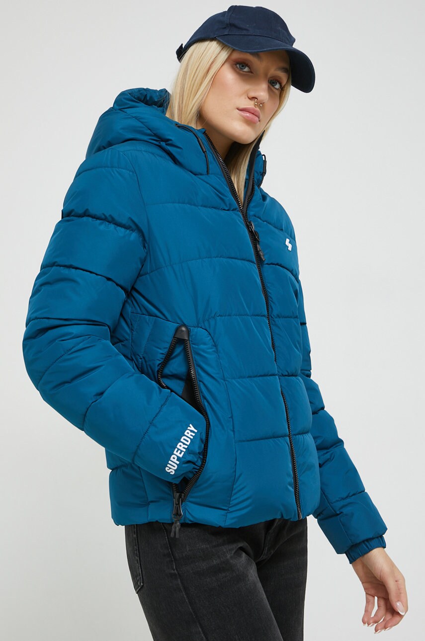 Superdry geaca femei, culoarea turcoaz, de iarna