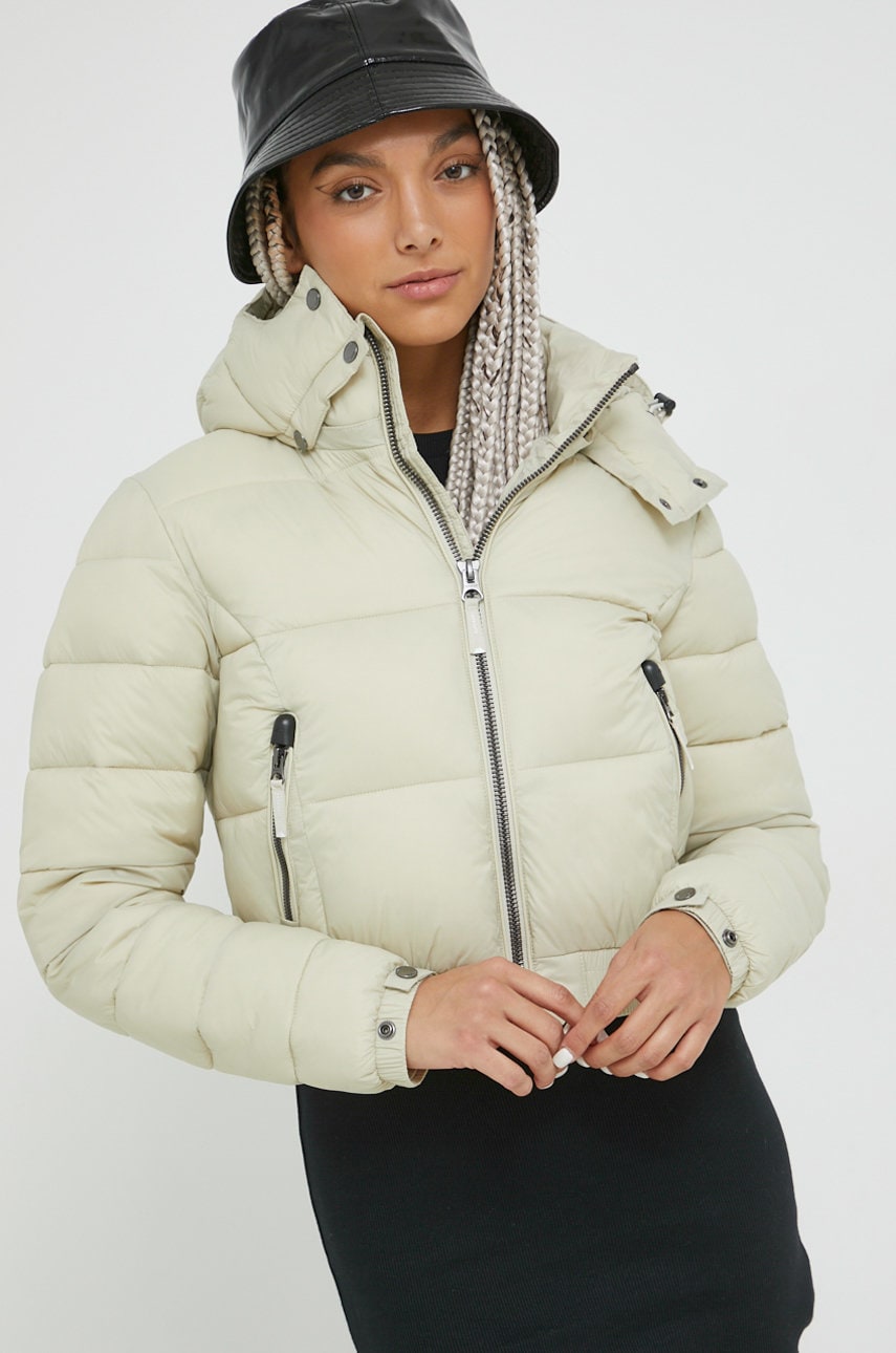 Superdry geaca femei, culoarea bej, de iarna