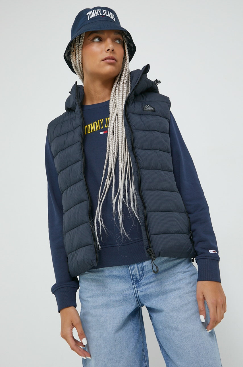 Superdry vesta femei, culoarea albastru marin, de tranzitie