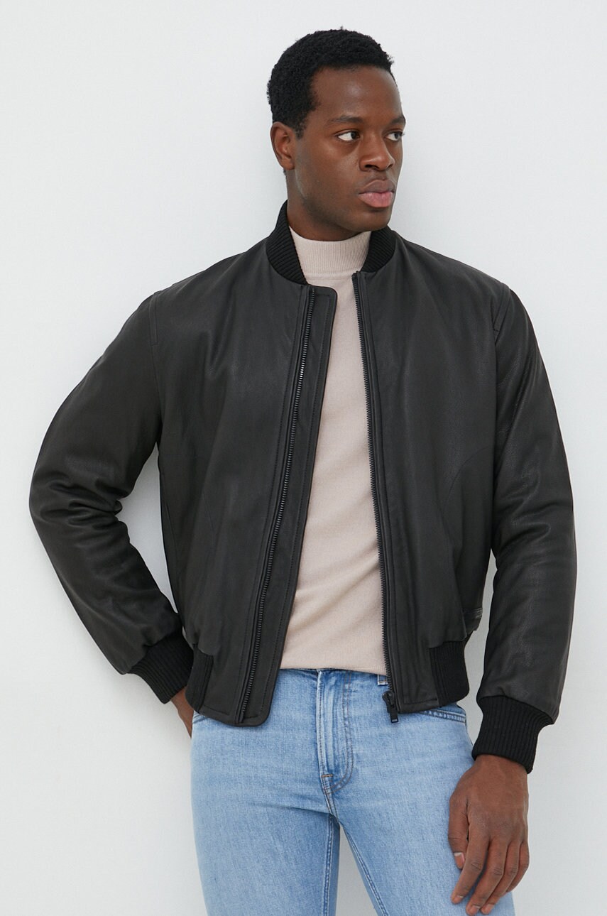 Trussardi geaca bomber de piele culoarea negru, de tranzitie