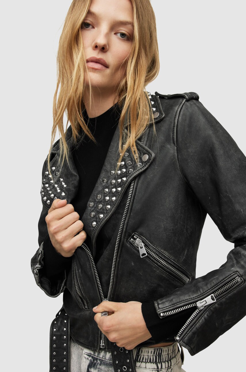 

Кожаная куртка AllSaints женская цвет чёрный переходная